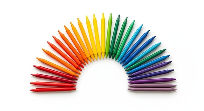 Colorful crayons arranged in a rainbow semicircle isolated on white background