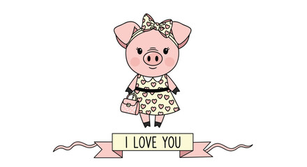 Obraz premium Adorable girl pig character wearing a heart patterned dress and a bow while carrying a pink purse.