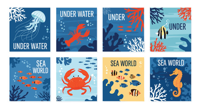 Set of eight sea world posters features vibrant underwater scenes with jellyfish, lobsters, tropical fish, crabs, and seahorses among colorful coral.