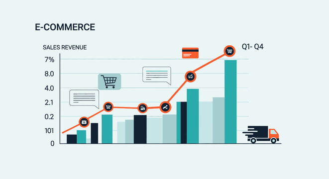 E-commerce sales revenue graph, quarterly growth chart, business finance illustration, vector infographic