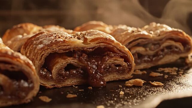 Freshly baked strudel tray close up with caramelized apple filling oozing from flaky layered pastry, toasted crumbs, glossy fruit texture, and dramatic warm bakery light on a dark baking surface