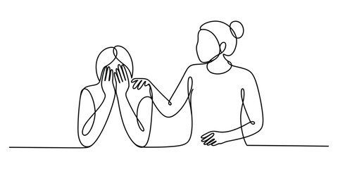 One line drawing of a woman comforting a crying friend sitting together