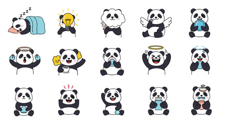 Fototapeta premium Adorable collection of panda character emojis expresses various emotions like sleeping, eating, thinking, and cheering in a cute style.