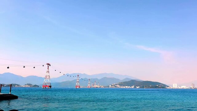 the vinpearl cable car crossing nha trang bay in khanh hoa province, vietnam with panoramic sea views