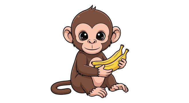 Cute little brown monkey sitting down and holding a bunch of yellow bananas on a white background for a playful illustration.