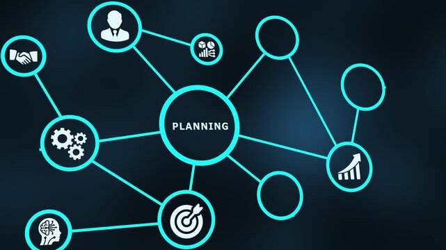 Planning management concept with connected business icons, strategic roadmap development, organization and goal achievement.