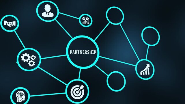 Partnership collaboration concept with connected business network icons, teamwork, strategic alliances and organizational success.