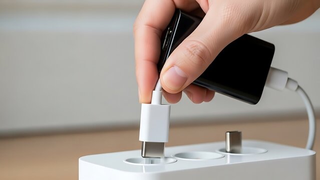 Hand plugging USB C cable into power adapter for charging device.