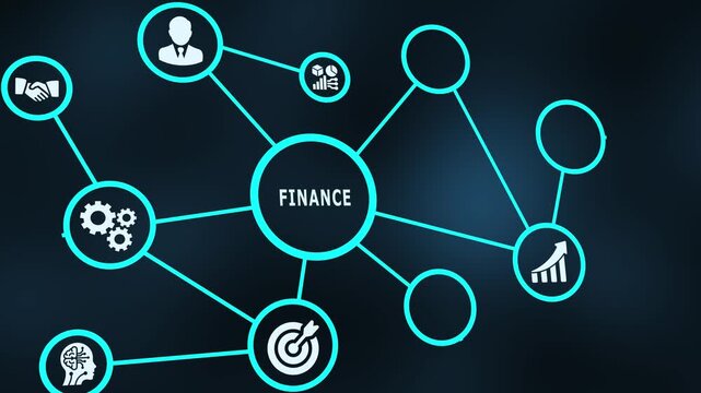 Finance management concept with connected business network icons, investment planning, budgeting, analytics and economic growth.