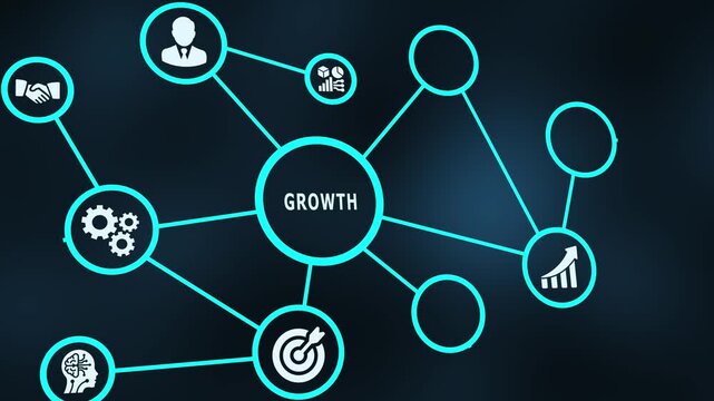 Growth business development concept with connected analytics icons, performance tracking, expansion strategy and success metrics.