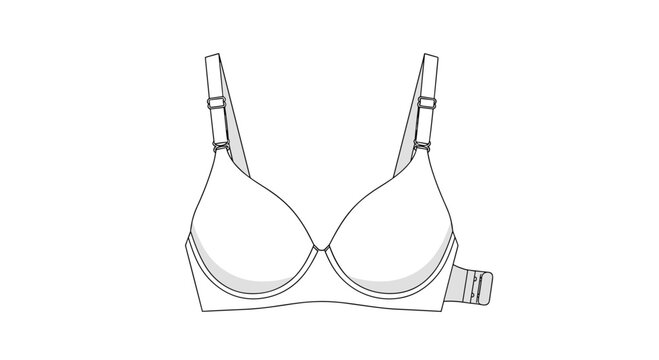 Simple technical drawing of a standard white bra showing its classic shape and adjustable straps from a front facing perspective.