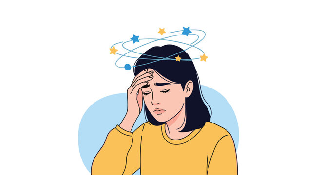 Illustration of a young woman holding her head with a dizzy expression and yellow stars spinning around her showing signs of a headache.