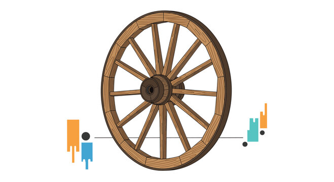Antique wooden wagon wheel with multiple spokes and an iron rim shown from a three quarter perspective with abstract decorative elements.