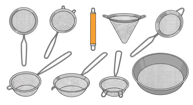 Collection of various metal kitchen strainers and sieves in different sizes and shapes including a wooden rolling pin for cooking themes.