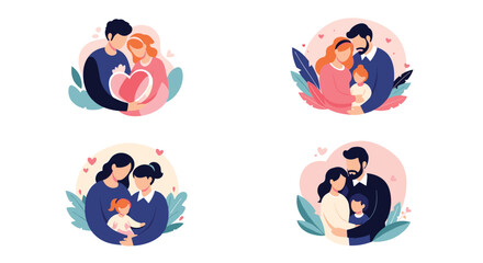 Fototapeta premium Set of heartwarming family portraits in circular frames depicting diverse families with love and affection for each other.