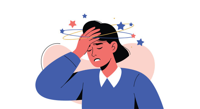 Young woman in a blue sweater feeling dizzy and suffering from a headache with stars spinning around her head in a comic style.