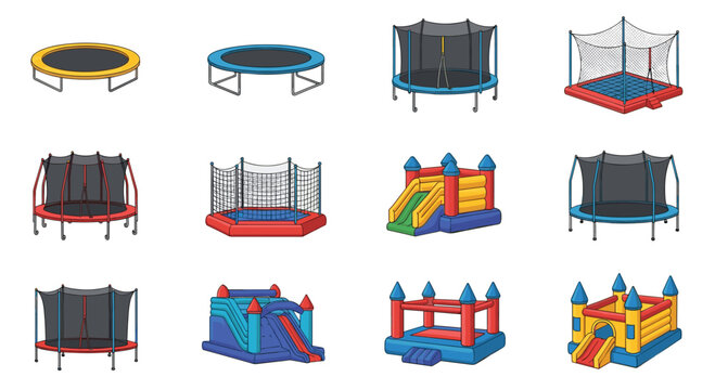 Various styles of trampolines and inflatable bounce houses are presented in a colorful set for backyard fun and play.