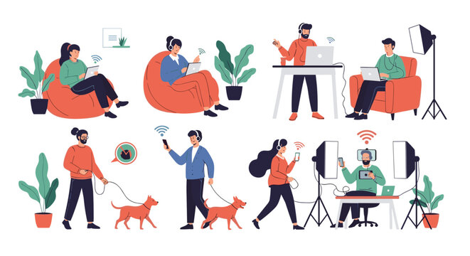 Collection of people engaged in modern daily activities including remote working, technology usage, and outdoor leisure with pets on white background.