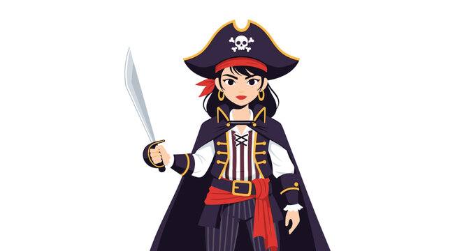 Brave female pirate captain standing confidently while holding a sharp silver cutlass sword and wearing a traditional tricorn hat.