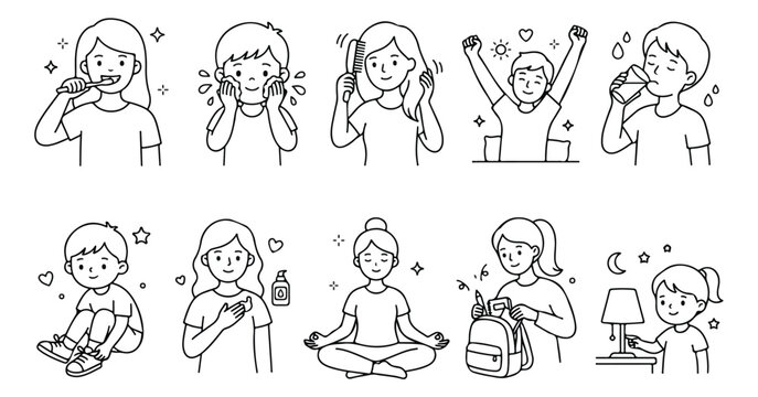 Daily routine icons for kids, children morning and evening habits vector set, black and white line art of healthy lifestyle activities