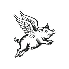 Naklejka premium Black and white hand drawn illustration of flying pig vintage vector art