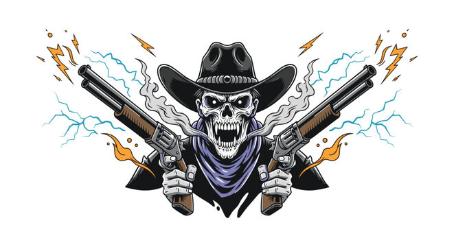 Menacing skeleton cowboy wearing a black hat and purple bandana while firing two smoking revolvers with lightning bolts in the back.
