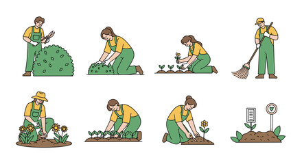 Fototapeta premium Series of illustrations showing male and female gardeners performing various tasks like pruning bushes, planting flowers, and raking leaves.