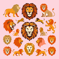 Fototapeta premium A collection of various stylized lion icons on pink background