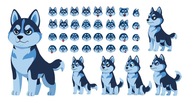 Character design sheet for a blue and white husky dog displaying a wide range of facial expressions and full body poses for animation.