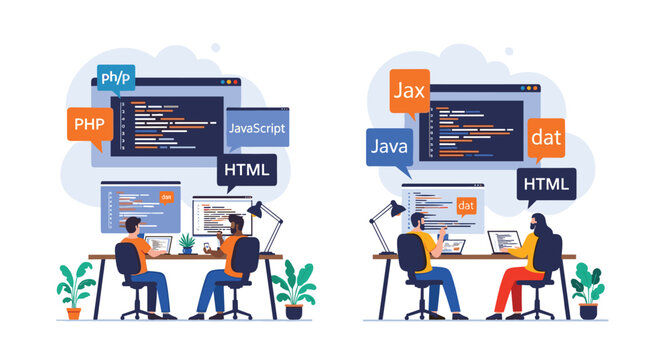 Software developers working at their desks with multiple screens and floating language icons like HTML, PHP, Java, and JavaScript for coding concepts.