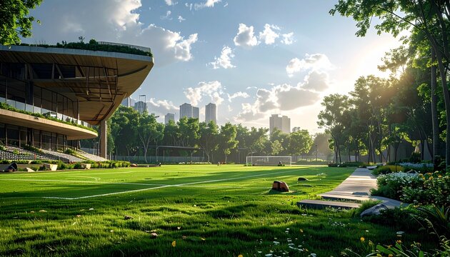Lush Green Stadium with Cityscape Backdrop - A Sustainable Vision.