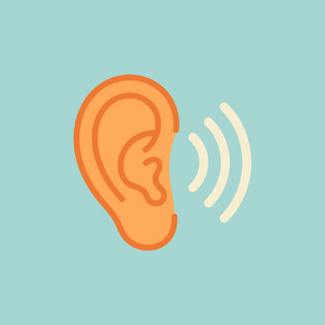 A simple orange icon of a human ear on blue background