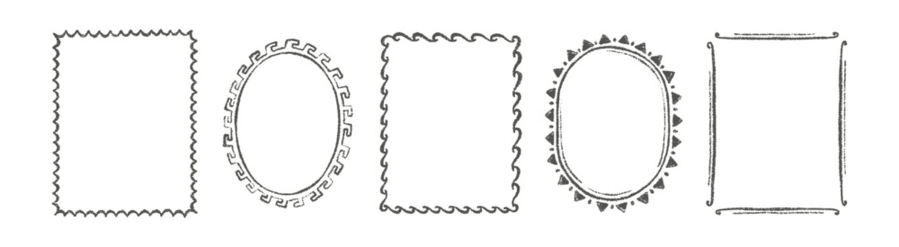 Hand-drawn stamp frame featuring Italian-inspired crayon doodles, wavy borders, and summer motifs ideal for postcard designs, kid-friendly projects. Vector illustration.