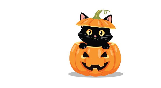 Cute black cat with yellow eyes peeking out from a carved Halloween jack-o-lantern pumpkin on a white background.
