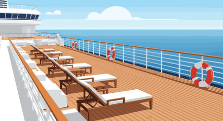 Fototapeta premium Luxurious cruise ship deck overlooking the deep blue ocean with empty sunbeds and lifebuoys ready for vacationers.