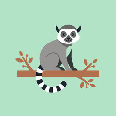 A cute cartoon lemur sits on a brown tree branch illustration © Taro