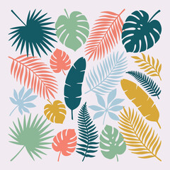 Fototapeta premium A collection of colorful tropical leaves on a light background