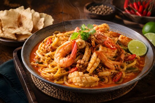 Mie Aceh Seafood Pedas dengan Udang dan Cumi