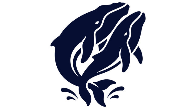 Two whales mating behavior at sea surface silhouette icon illustration
