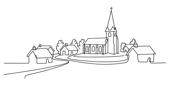 Continuous line drawing of a small village with a church and houses