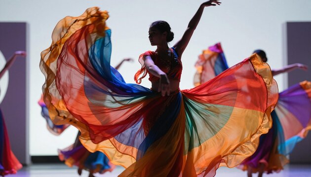 Silhouetted dancer on stage with large multicolored flowing skirt in dynamic motion during a vibrant group dance performance