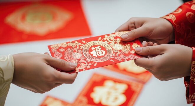 Hands exchanging red envelope with gold chinese characters illustration