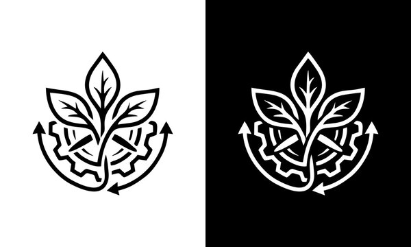 A stylized illustration of a leafy plant grows from abstract wavy lines with arrows on both sides on a split white and black background.