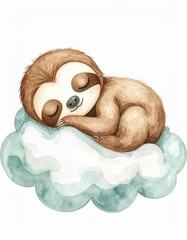 Fototapeta premium A cute sloth peacefully sleeps curled up on a fluffy cloud, depicted in soft watercolor style.