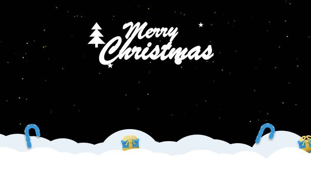 Merry christmas text animation with falling snow gifts and candy canes on background