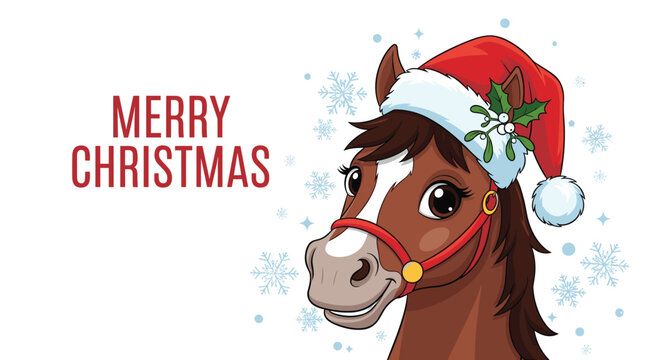 Merry Christmas holiday greeting with a festive brown horse wearing a red Santa hat and green mistletoe on its head.