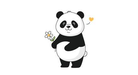 Fototapeta premium Sweet giant panda is standing and holding a white daisy flower with a small yellow heart floating near its head in a cute style.