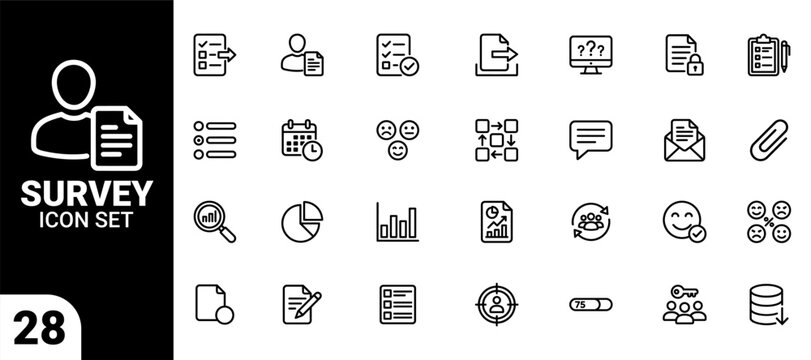 Collection of survey icons research feedback data analysis opinion polling graphics