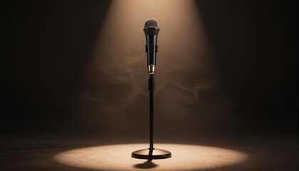 Fototapeta premium Single microphone on a stand illuminated by a dramatic spotlight on a smoky empty stage