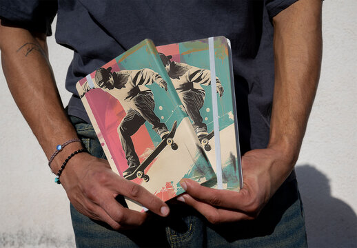 Mockup of front and back Notebooks cover Held in Hands Outdoors